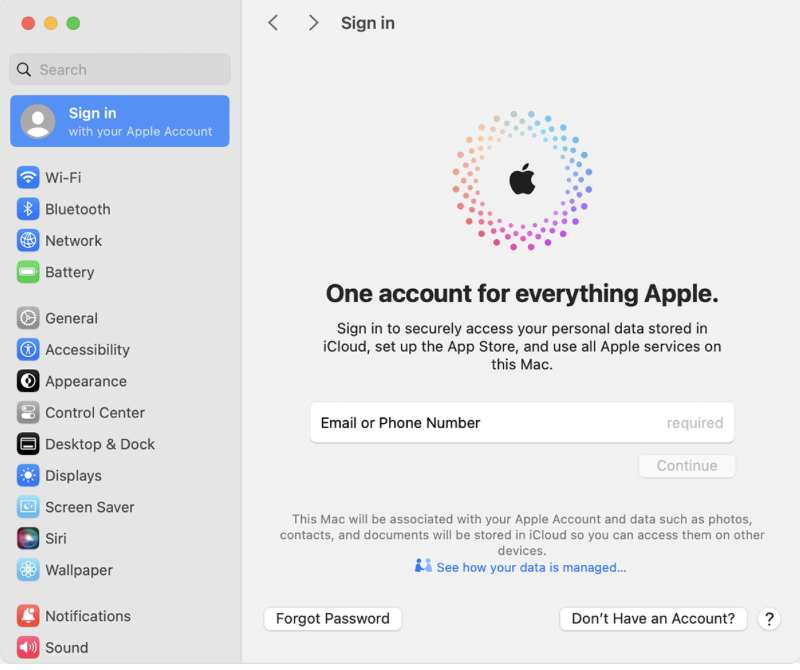 Next thing to do post-reset, to make sure your device is configured correctly, is to log into all your accounts–starting with Apple ID. That way, once you’ve reset macOS Mojave, you can use your device as intended right away.