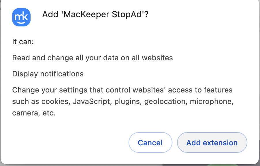Once you've pressed Add to Chrome, you'll be asked to confirm your actions by clicking the Add Extension button. And that's it, you'll have now successfully added the StopAd feature to your Chrome browser to help improve Chrome's performance by blocking intrusive ads and scripts.