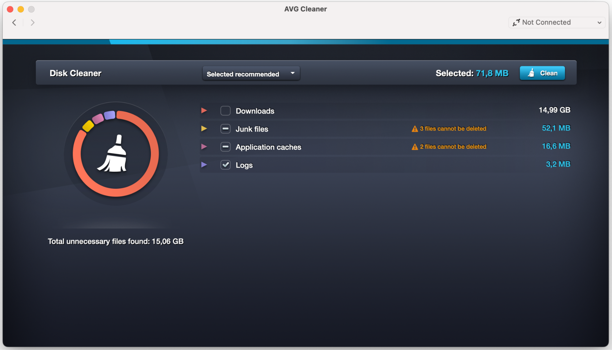 Dai un’occhiata al nostro test di pulizia eseguito su un Mac con l’aiuto di AVG Cleaner. Puoi vedere anche la suddivisione degli elementi consigliati da rimuovere.