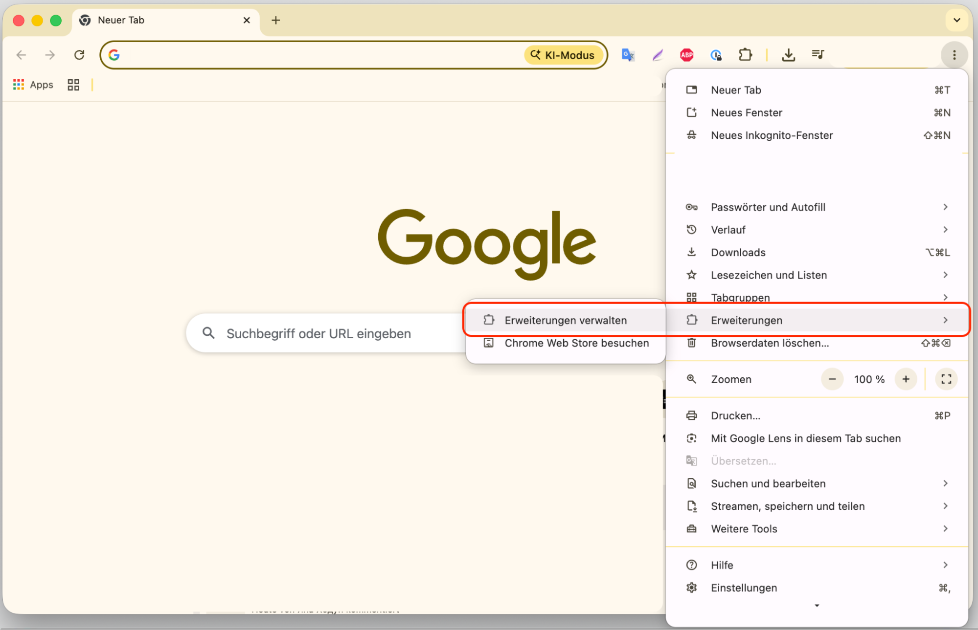 Chrome mit geöffnetem Menü und hervorgehobener Option „Erweiterungen verwalten“. So entfernen Sie Erweiterungen, als Teil einer Anleitung, wie man gefälschte McAfee-Pop-ups auf dem Mac blockieren kann.