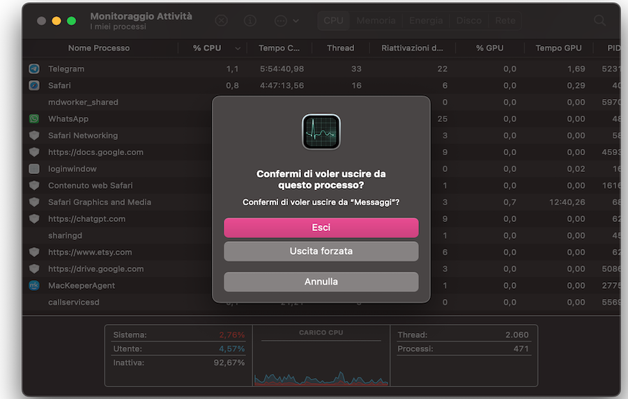 Come passaggio successivo, l’utente deve confermare la chiusura del processo scelto cliccando sul pulsante Esci.