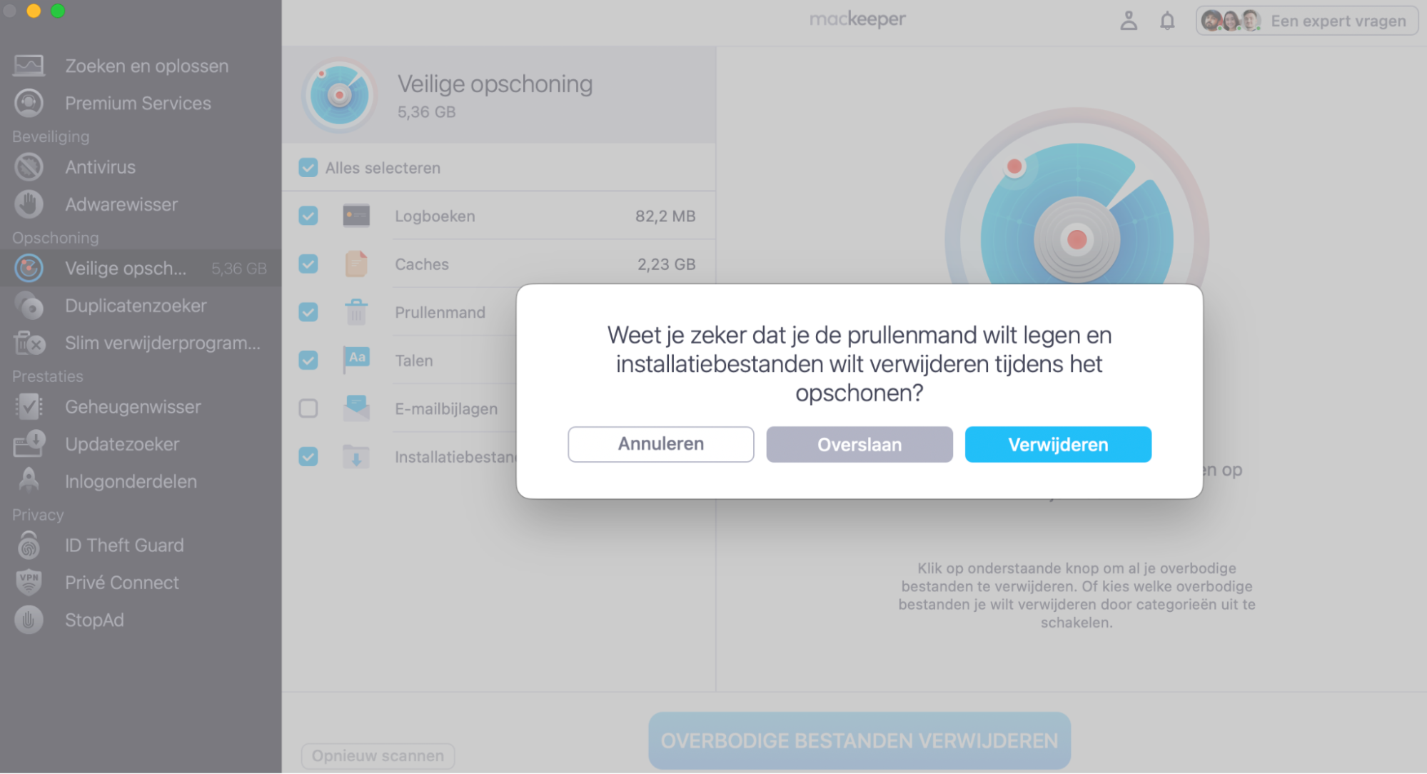 Om de prullenmand tijdens het opschonen te legen, klik je in het uitklapvenster op ‘Verwijderen’.