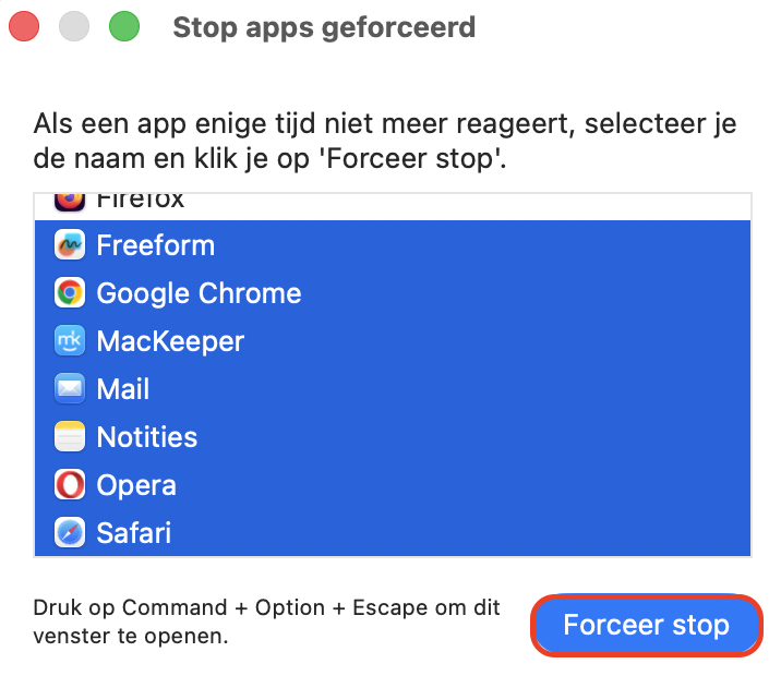 Om internetproblemen op je Mac op te lossen selecteer je alle apps in het venster Forceer stop en klik je op Forceer stop