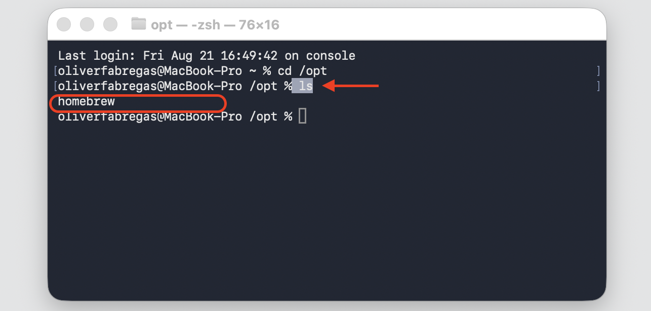 Terminal window on an iMac showing the ls command run inside /opt, listing the homebrew folder kept in the opt directory.