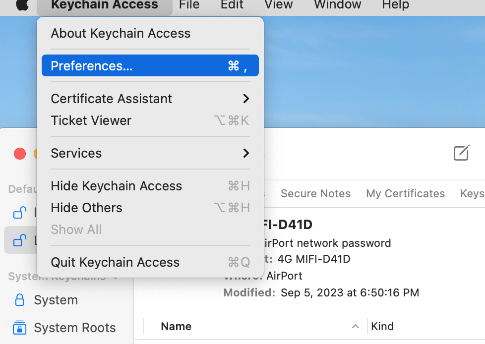 The Preferences option is highlighted in Mac’s Keychain Access drop-down menu. Select Preferences to access Keychain settings. The Preferences option is highlighted in Mac’s Keychain Access drop-down menu. Select Preferences to access Keychain settings.
