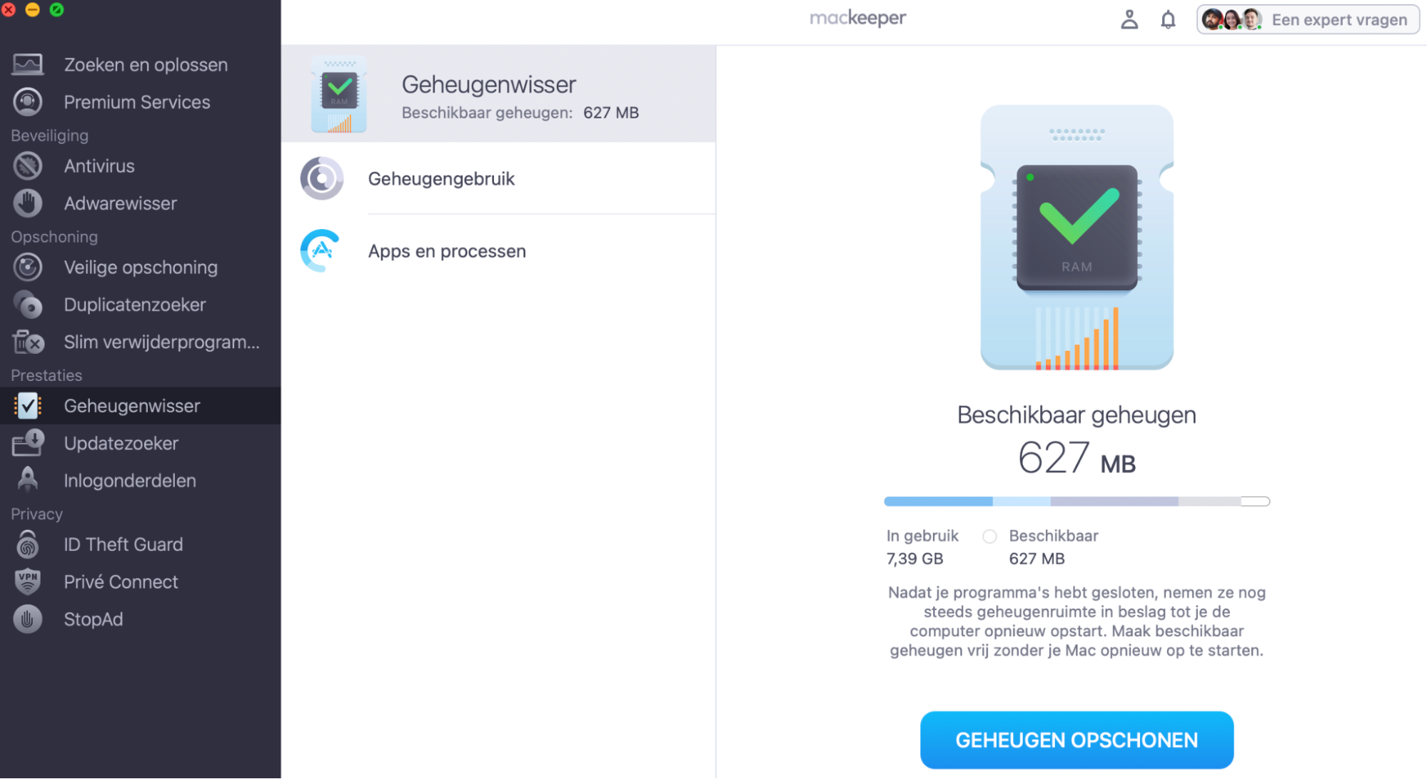 Bekijk het geheugengebruik van je Mac. Klik op Geheugen opschonen om overbodige items van je Mac te verwijderen.