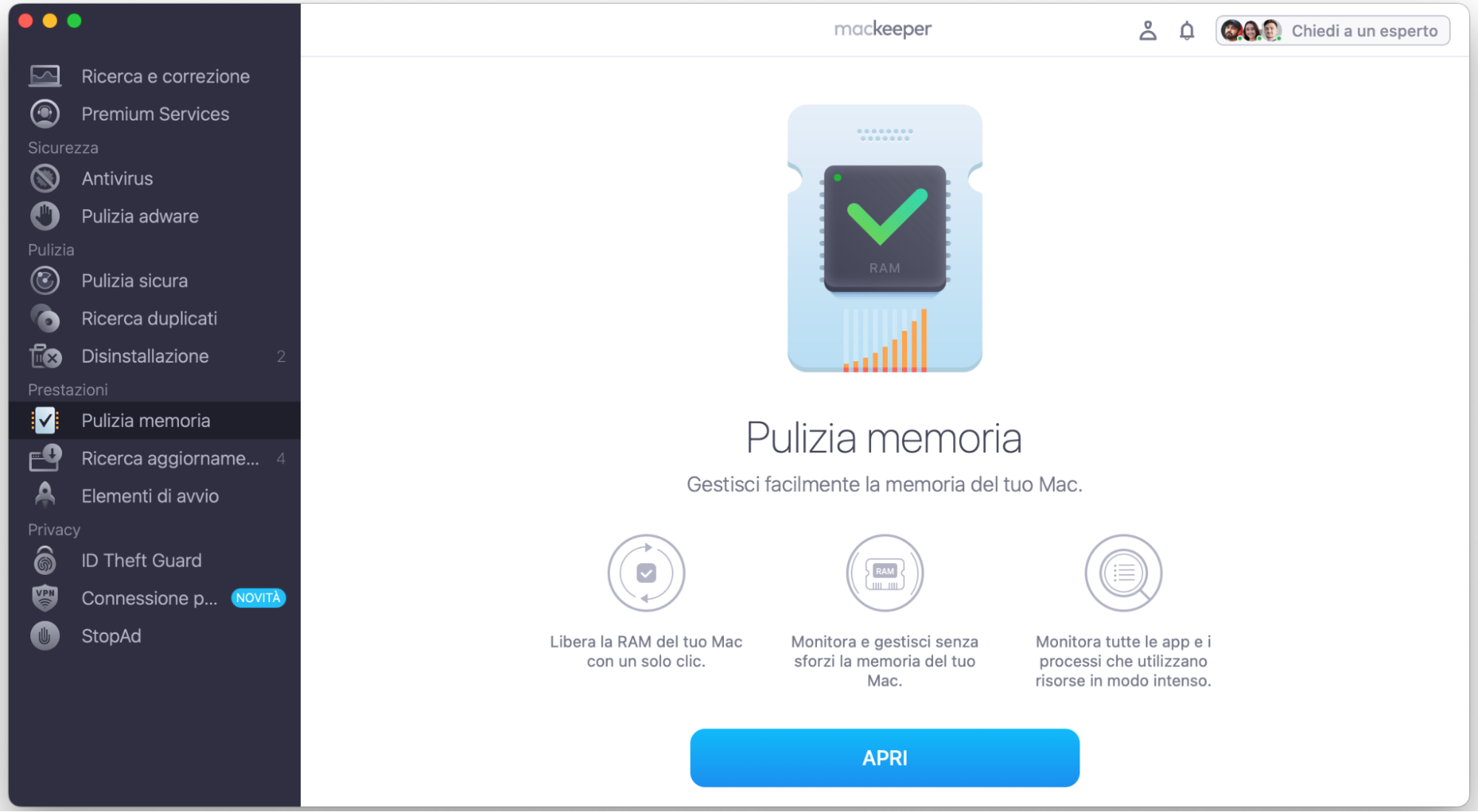 In MacKeeper, seleziona Pulizia Memoria e fai clic su Apri