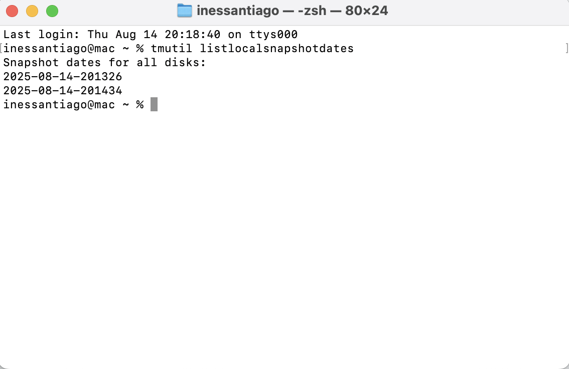 Reduza o armazenamento do sistema Mac escrevendo tmutil listlocalsnapshotdates. Depois, pode apagar essas atualizações da Time Machine.