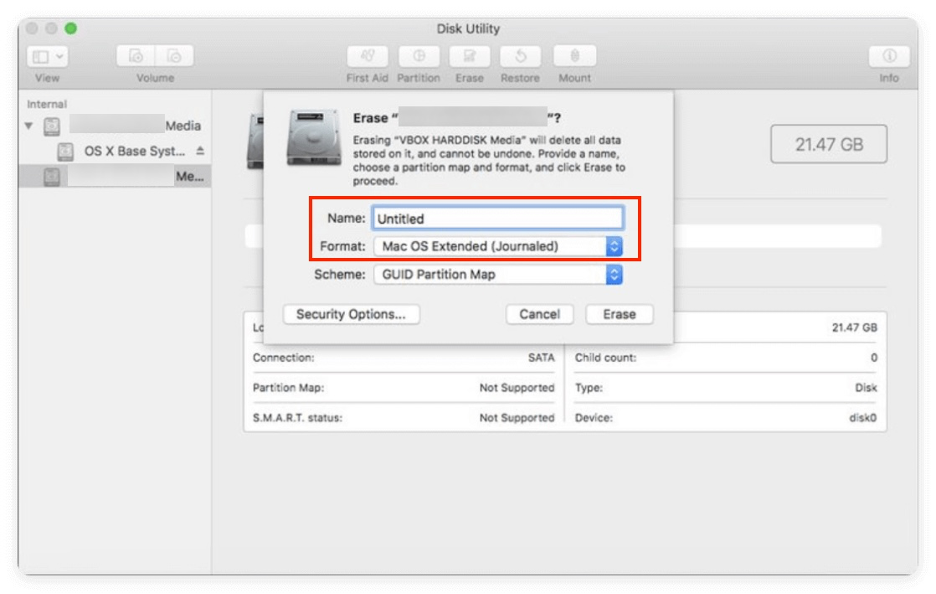 To erase your High Sierra MacBook’s startup disk, give it a new name and select the APFS format.