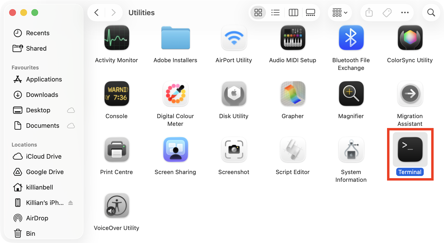 Terminal inside the Applications > Utilities folder on Mac. Use Terminal to change the catalogURL that can cause NSURLErrorDomain error -1012 messages on Mac.