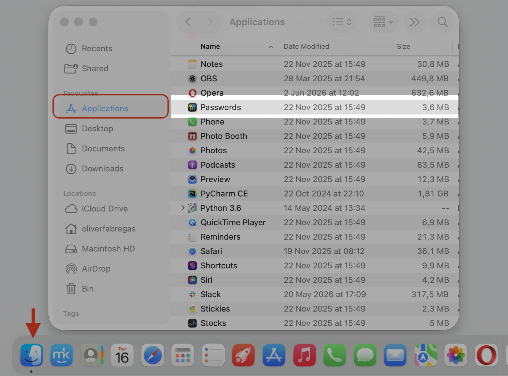 The macOS Finder Applications folder with the Passwords app highlighted, the first stop when finding your FileVault Recovery Key on a Mac