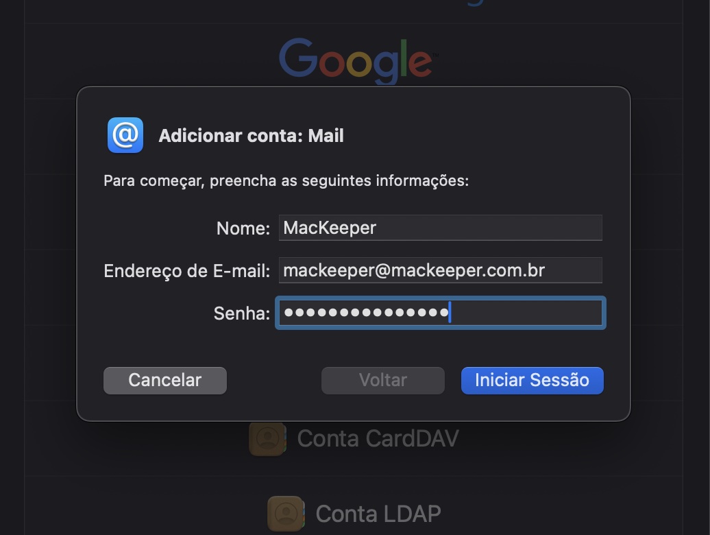 Agora, na janela de adicionar uma conta de Mail, preencha as informações da conta (nome, email, senha) e clique em Iniciar Sessão.