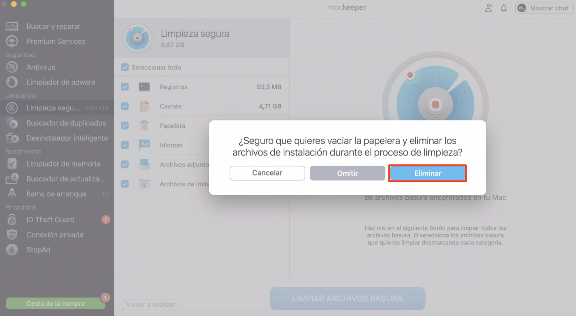 MacKeeper ofrece la posibilidad de vaciar la Papelera en macOS Monterey durante el proceso de limpieza. Para hacerlo y eliminar las cachés de forma permanente, selecciona Vaciar Papelera.
