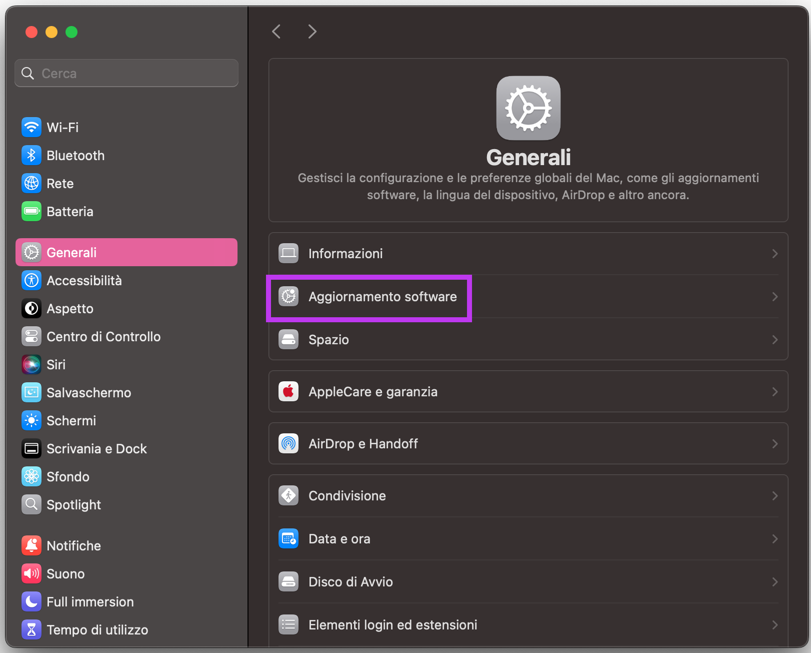 Schermata Preferenze di Sistema su Mac con Aggiornamento Software evidenziato, parte di una guida su come risolvere il problema dello schermo del MacBook che fa glitch.