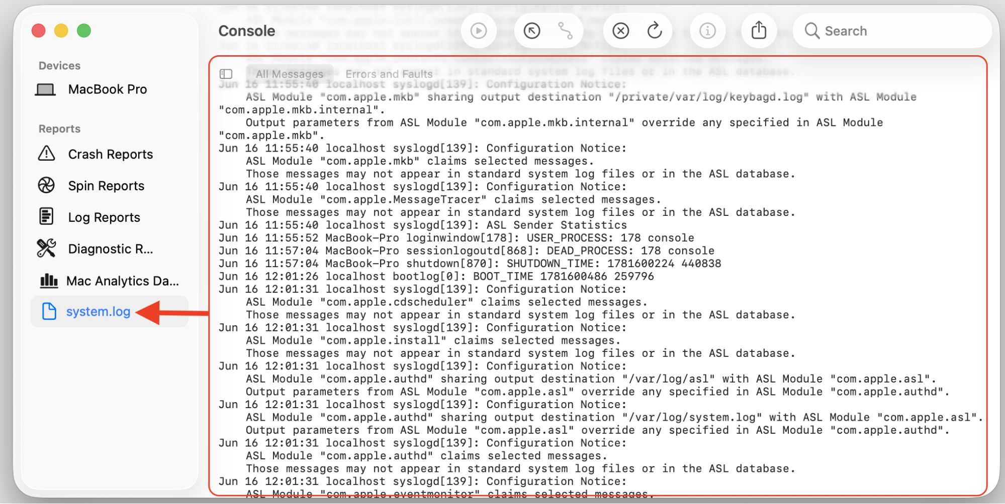 system.log open in the Console app on an Apple computer, where repeating entries help confirm what triggers ReportCrash high CPU.