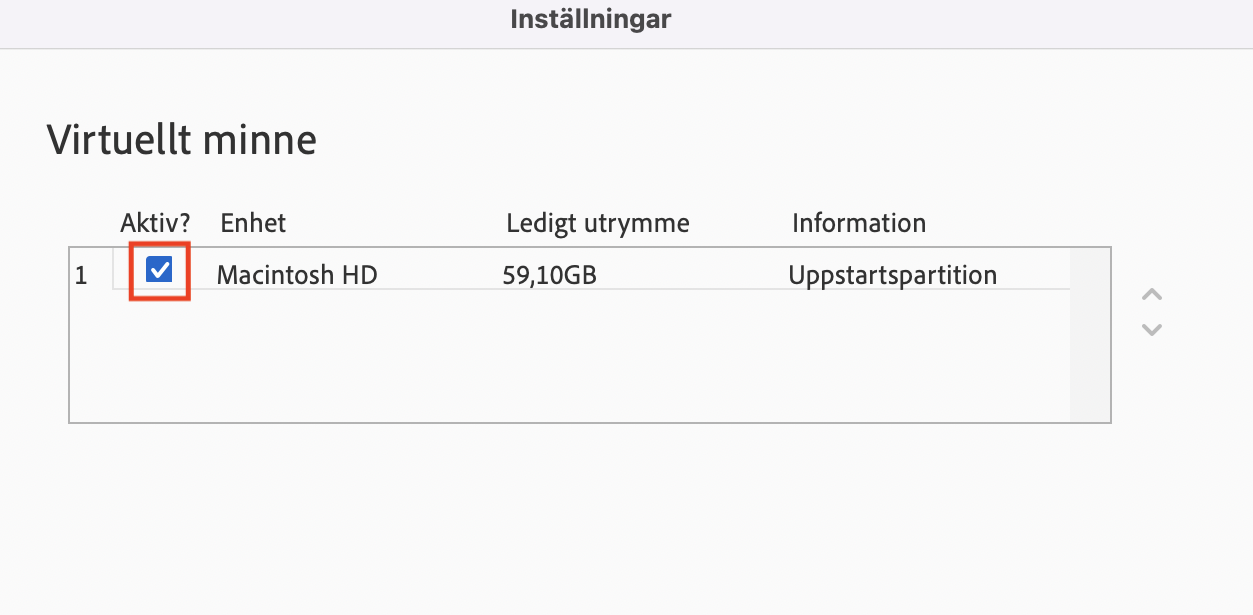 Menyn Virtuellt minne i Photoshop på Mac. Markera nu din externa enhet och avmarkera din interna enhet. Klicka på OK.