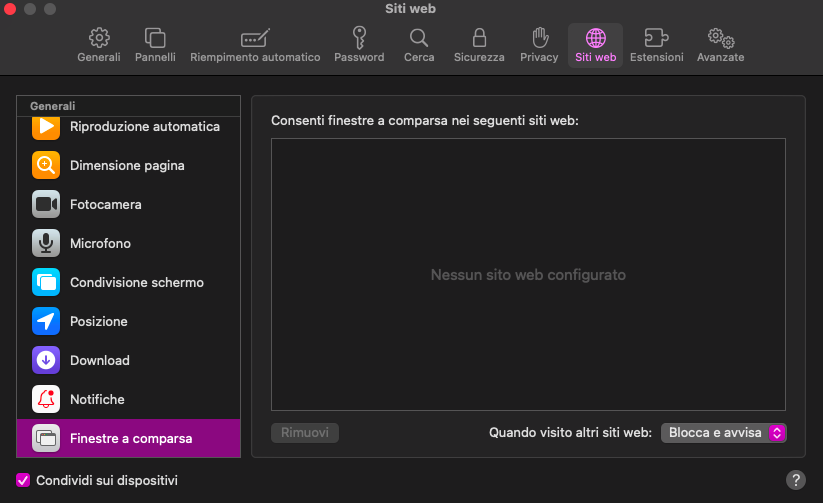 Selezionate Siti web > Finestre pop-up nelle impostazioni di Safari. Qui sarà possibile visualizzare i pop-up attualmente bloccati o consentiti.