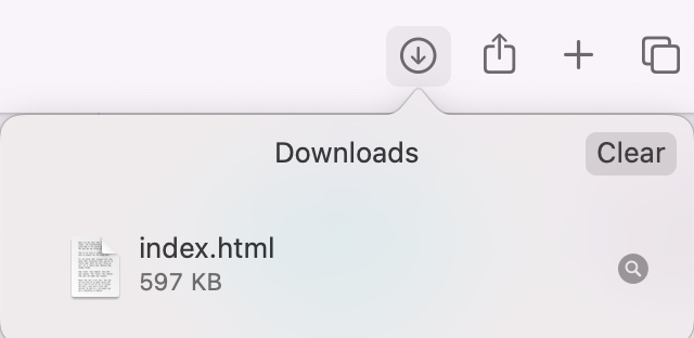 To search in the browser for your downloads, open Safari and look for the downwards-facing arrow. Click on it and that’ll show you your recent downloads.