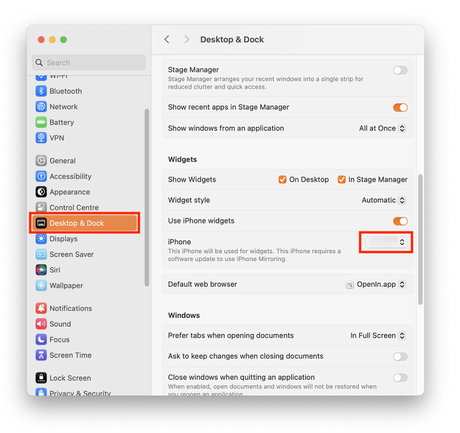 To select the correct iPhone before using iPhone Mirroring, go to your Mac’s System Settings, select Desktop & Dock, and choose your preferred iPhone under Widgets.