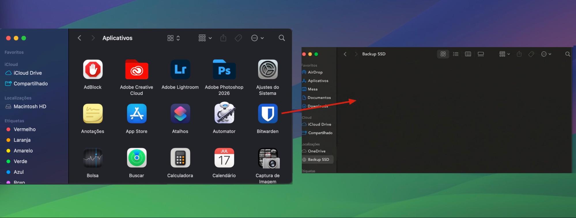 Finder no Mac mostrando a pasta Aplicativos ao lado de uma pasta de disco externo. Arraste os aplicativos para o disco externo para transferi-los para um novo Mac sem usar o Assistente de Migração.