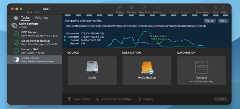 Carbon Copy Cloner Tasks window on a MacBook, comparing and copying files in a Media backup to create bootable clones of your drive.