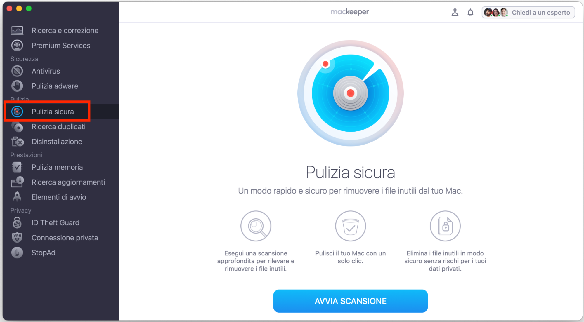 Per liberare spazio sul tuo Mac, usa Pulizia Sicura di MacKeeper. Questo può aiutare con il problema di iCloud Drive che occupa spazio sul Mac.
