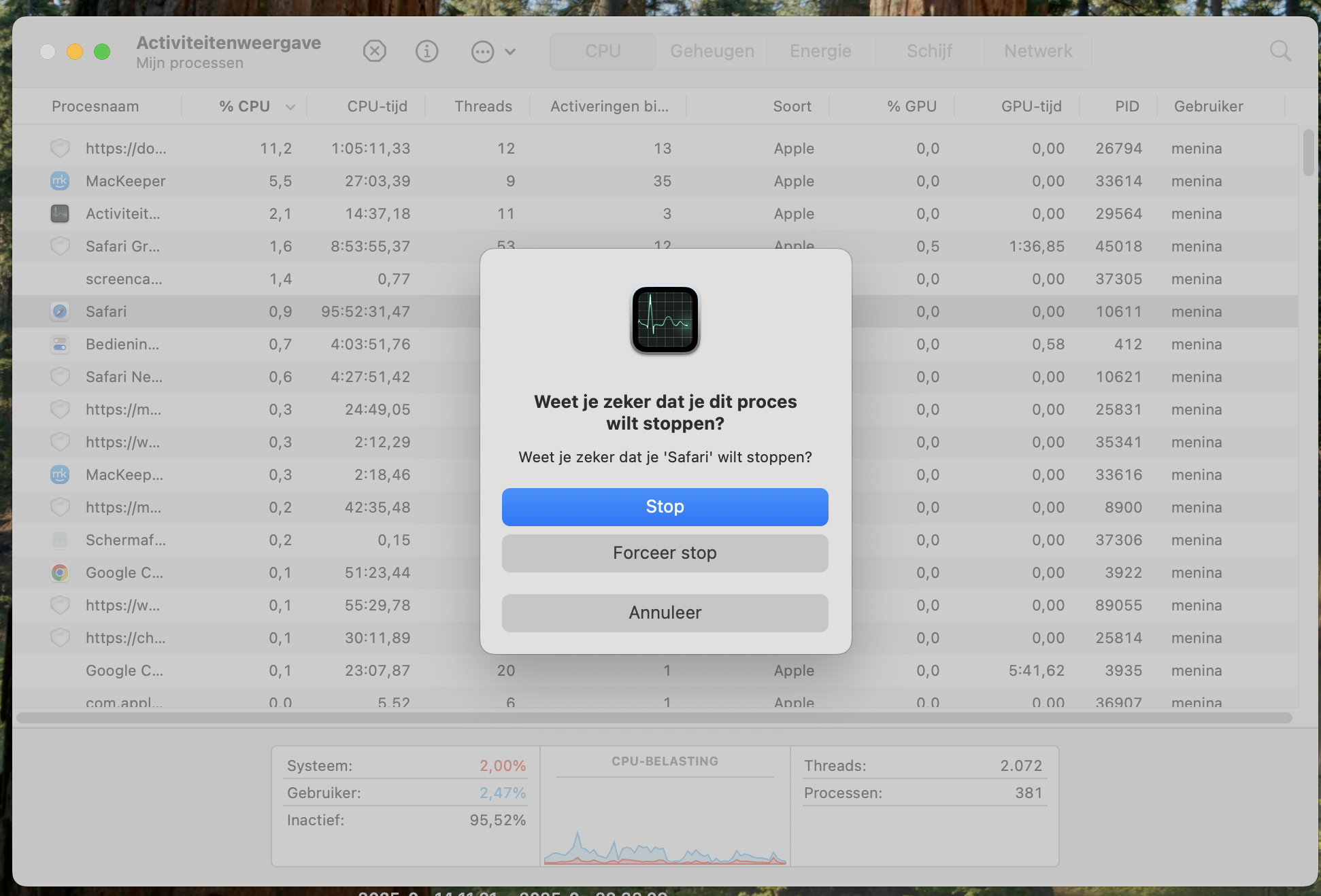 Als volgende stap moet het gekozen proces worden bevestigd door op de knop Stop te klikken.