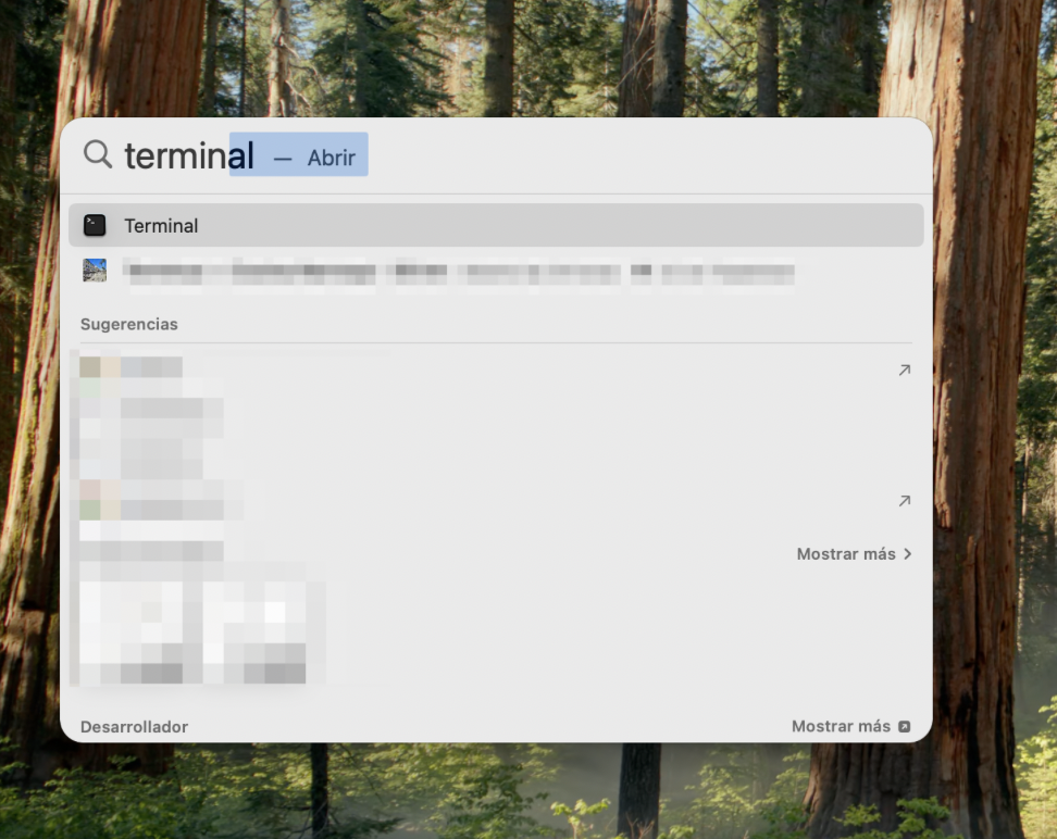 Desoculta los iconos del escritorio de tu Mac utilizando Terminal. Para ello, haz clic en Finder y selecciona Aplicaciones > Utilidades > Terminal. Alternativamente, pulsa las teclas Command + barra espaciadora para que aparezca la búsqueda Spotlight, escribe Terminal en el cuadro de texto y selecciónalo en la lista.
