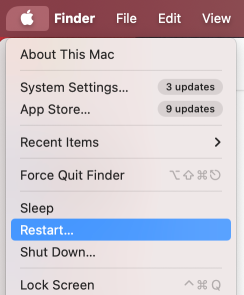 To reboot your Mac, go to the Apple logo, then click Restart from the dropdown menu.