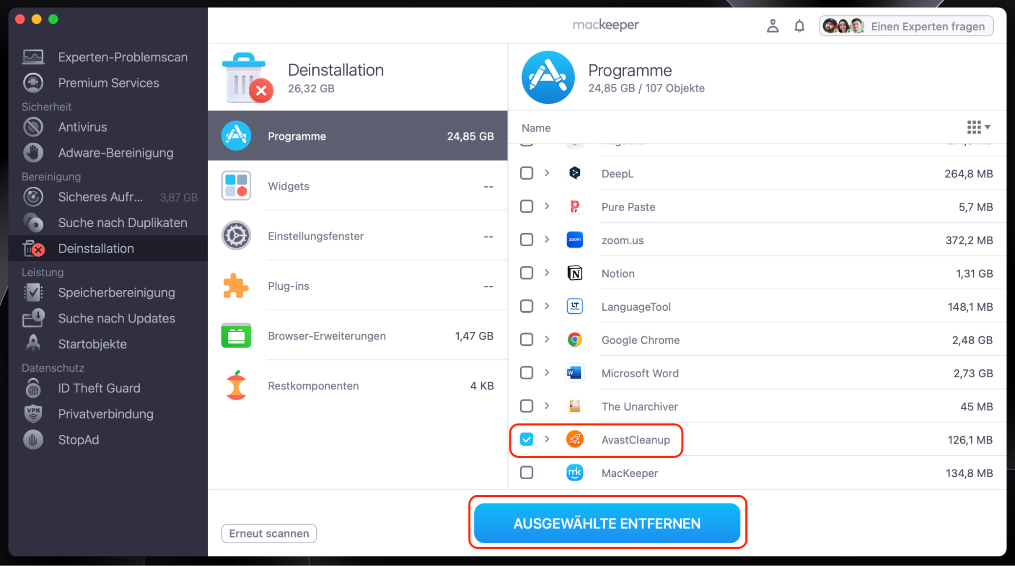 MacKeeper auf dem Mac zeigt das intelligente Deinstallationsprogramm an. Wählen Sie unter Programme Avast Cleanup aus und klicken Sie dann auf Ausgewählte entfernen. MacKeeper auf dem Mac zeigt das intelligente Deinstallationsprogramm an. Wählen Sie unter Programme Avast Cleanup aus und klicken Sie dann auf Ausgewählte entfernen.