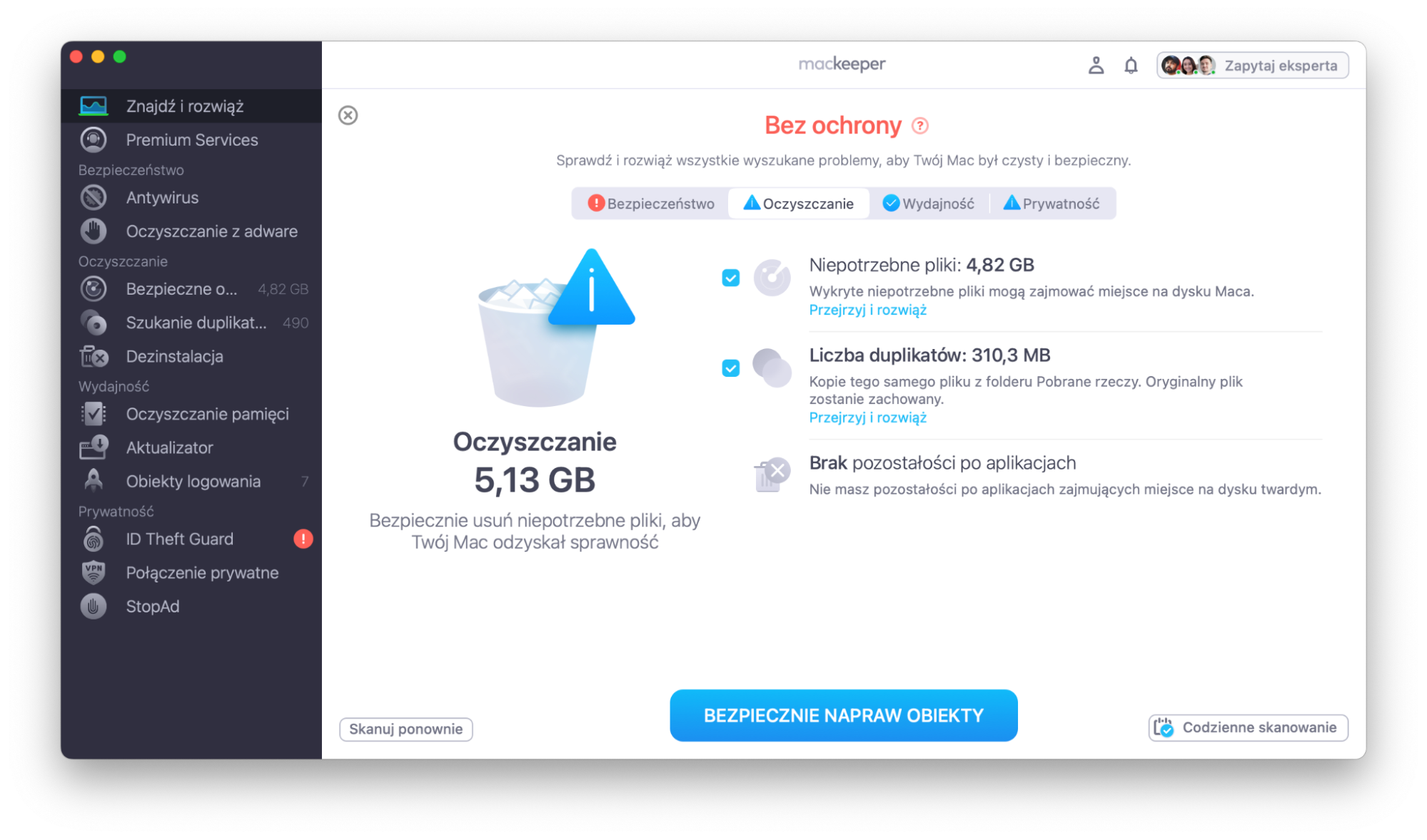 Wyniki naszego skanowania komputera Apple za pomocą aplikacji MacKeeper, a dokładniej jej narzędzia do czyszczenia. Bezpiecznie usuń znalezione niepotrzebne pliki już teraz.