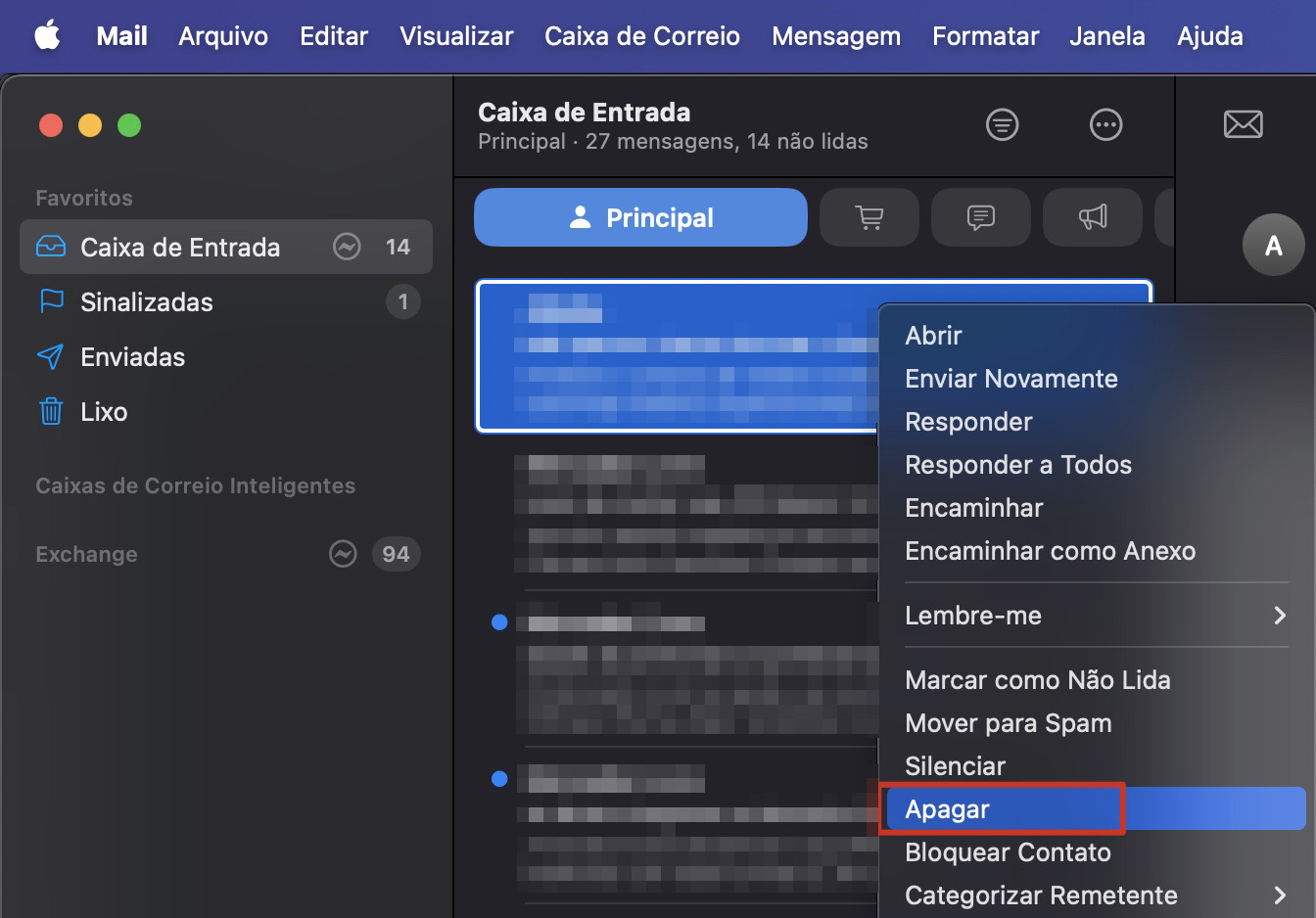 Um menu do aplicativo Mail do macOS com a opção Apagar destacada. Como excluir o cache do Mail no Mac: esvaziar o Lixo clicando com o botão direito em um e-mail.