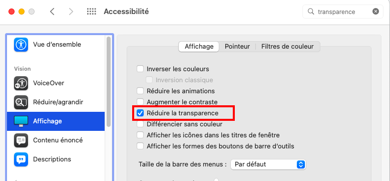 Réduisez la transparence sur votre Mac. Pour ce faire, accédez à Réglages système > Accessibilité et désactivez le bouton. Réduisez la transparence sur votre Mac. Pour ce faire, accédez à Réglages système > Accessibilité et désactivez le bouton.