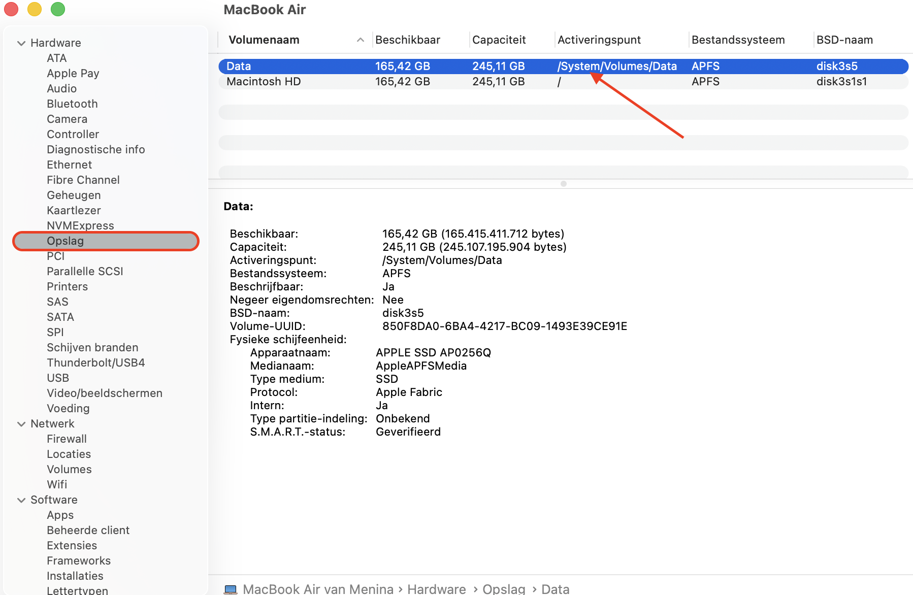 De sectie Opslag in het Systeemoverzicht op de Mac. Hier vind je een lijst met herkende schijven, zodat je kunt controleren of je externe schijf door je Mac wordt herkend.