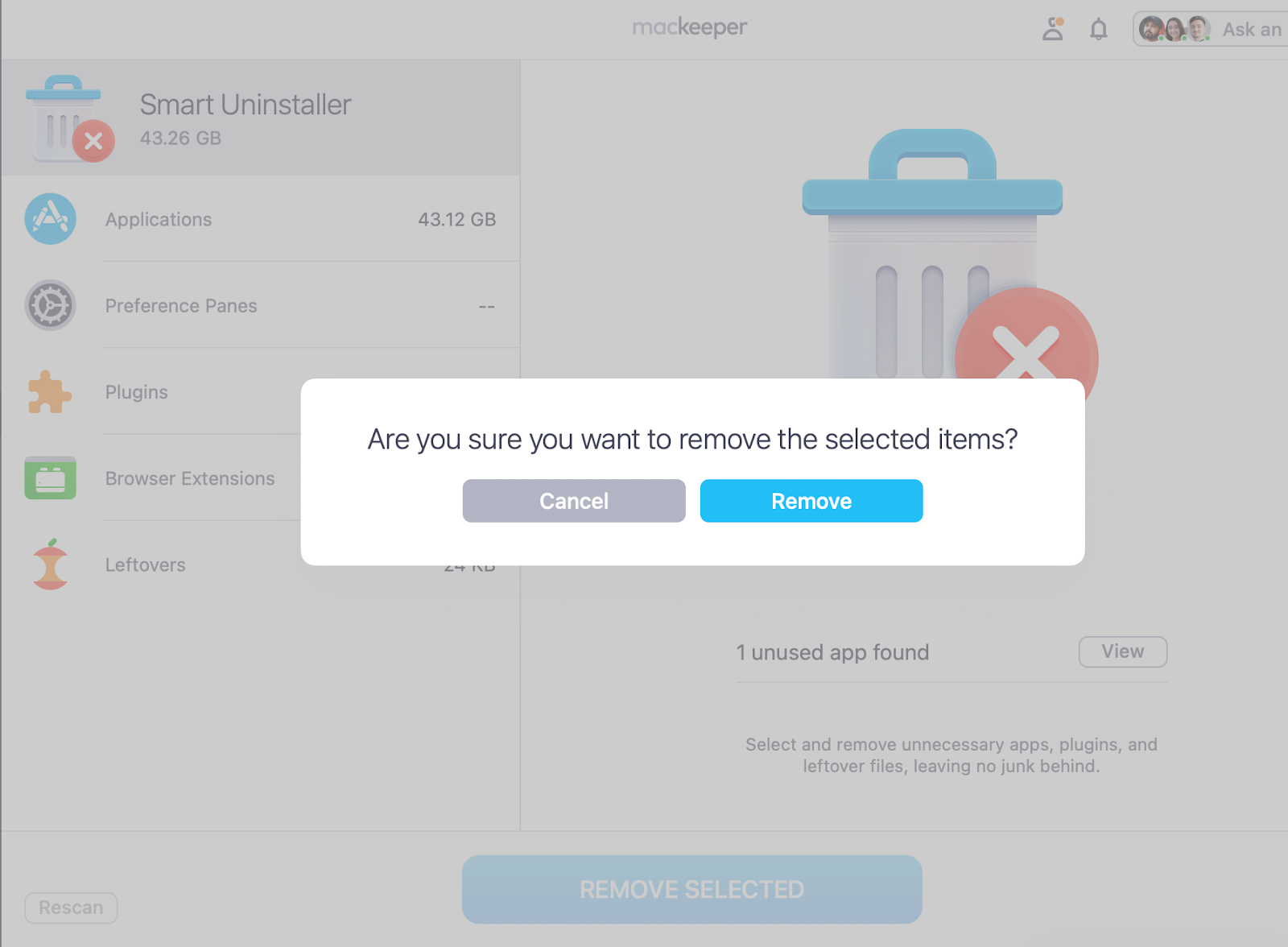 After a few seconds, you’ll see a list of Applications, Plugins, and Leftovers that you can look through. Any you don’t need or want, you can tick. Then press Remove Selected and Remove again to confirm your deletion. Your unwanted app should now have been uninstalled along with all its associated files and logs.