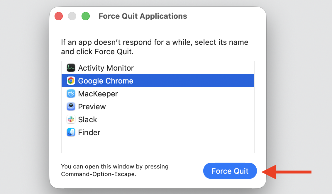 Force Quit Applications window on macOS with Google Chrome selected and Force Quit, freeing cores strained by codesign high CPU on Mac.