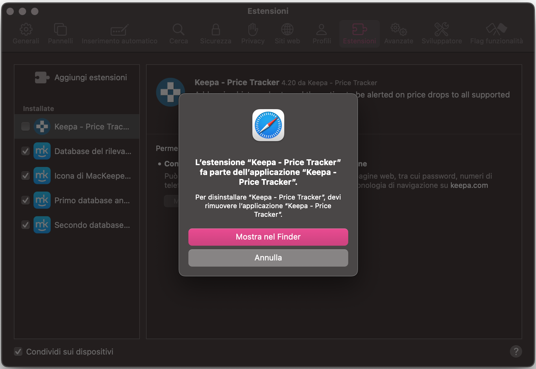 Se il tuo MacBook apre un pop-up in questa fase della rimozione delle estensioni, seleziona l’opzione Mostra nel Finder.