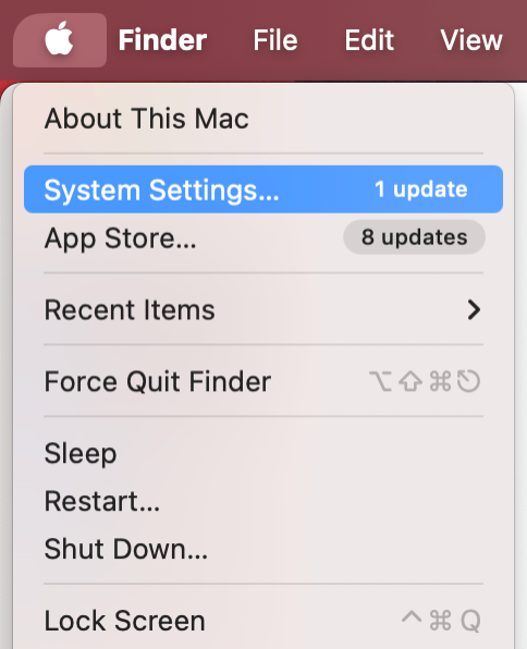 To switch to a different network and fix the privacy preferences issue on your Mac, open the Apple menu in the menu bar, then choose System Settings from the dropdown.