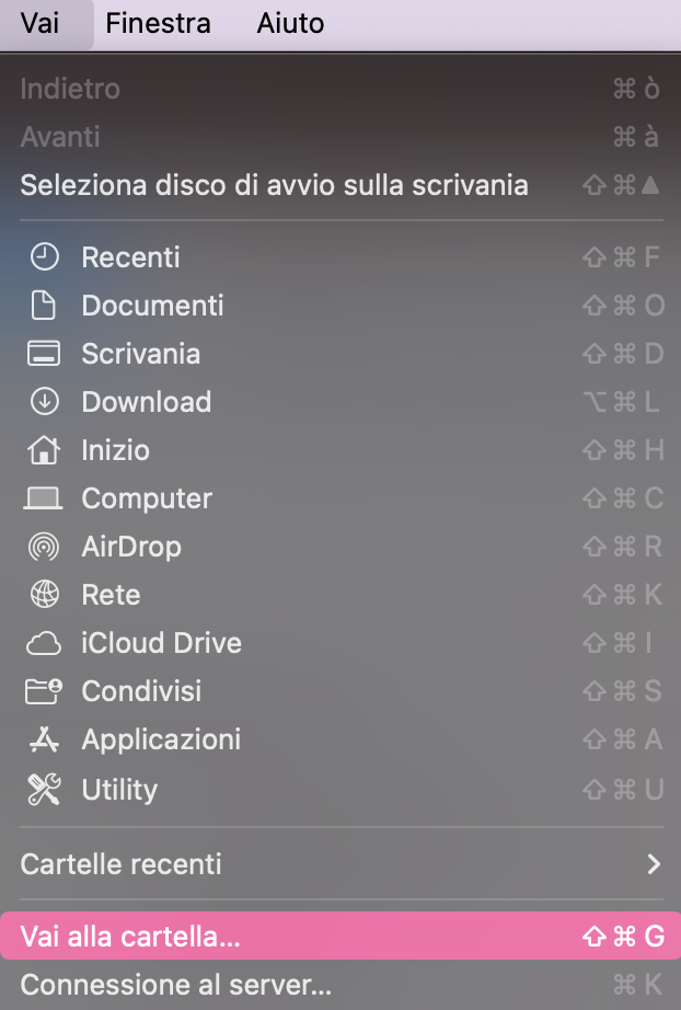 Quando c’è un’applicazione che non risponde su Mac, puoi provare a eliminare il file delle impostazioni. Inizia aprendo il menu Vai in Finder e selezionando Vai alla cartella.