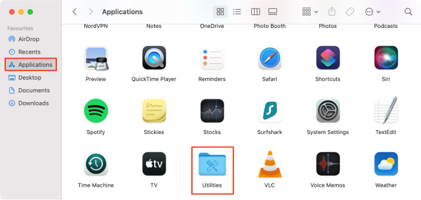 To repair corrupted files with Disk Utility on Mac, open the Utilities folder from Applications.