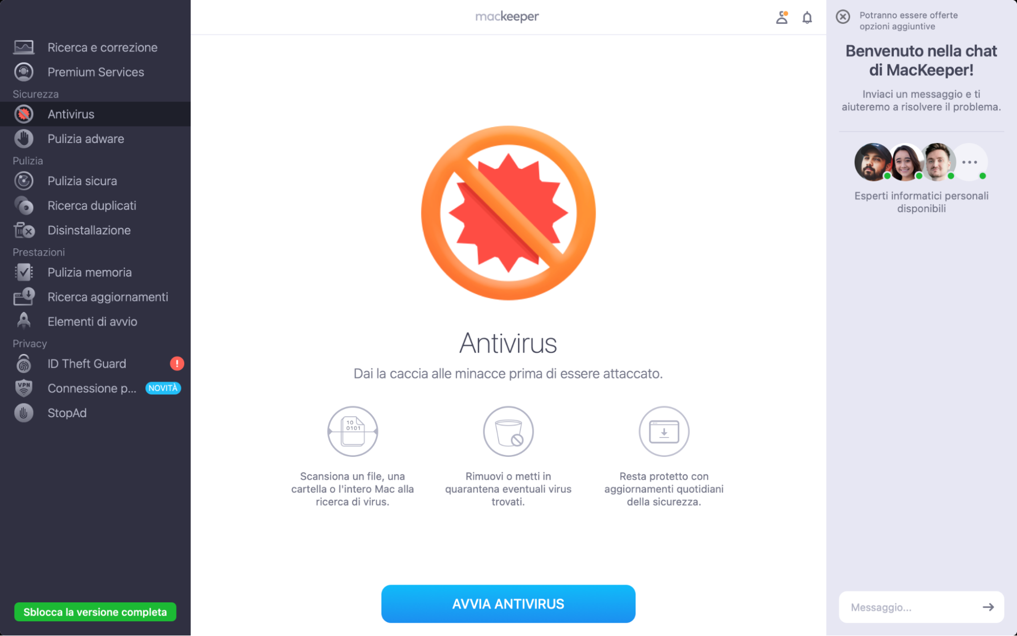 Fare clic su Avvia scansione per eseguire la scansione dell'intero Mac, alla ricerca di infezioni da malware.