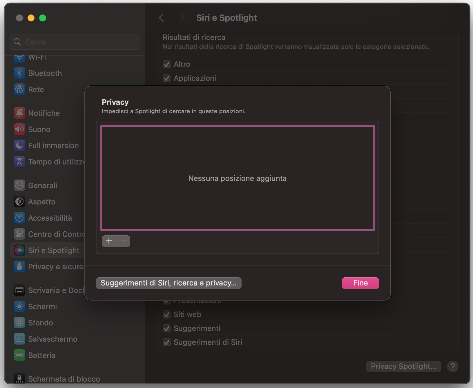 In Privacy di Spotlight, trascina file e cartelle che non vuoi vengano indicizzati.