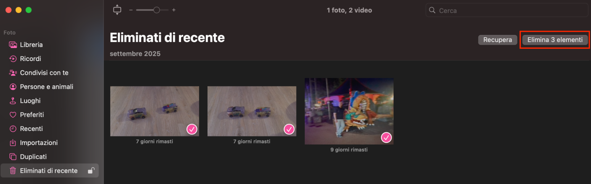 Per eliminare tutte le foto dal tuo Mac, vai su Eliminati di recente nel pannello a sinistra. Fai clic su Elimina foto/elementi nell’angolo in alto a destra della finestra, poi conferma con Elimina.