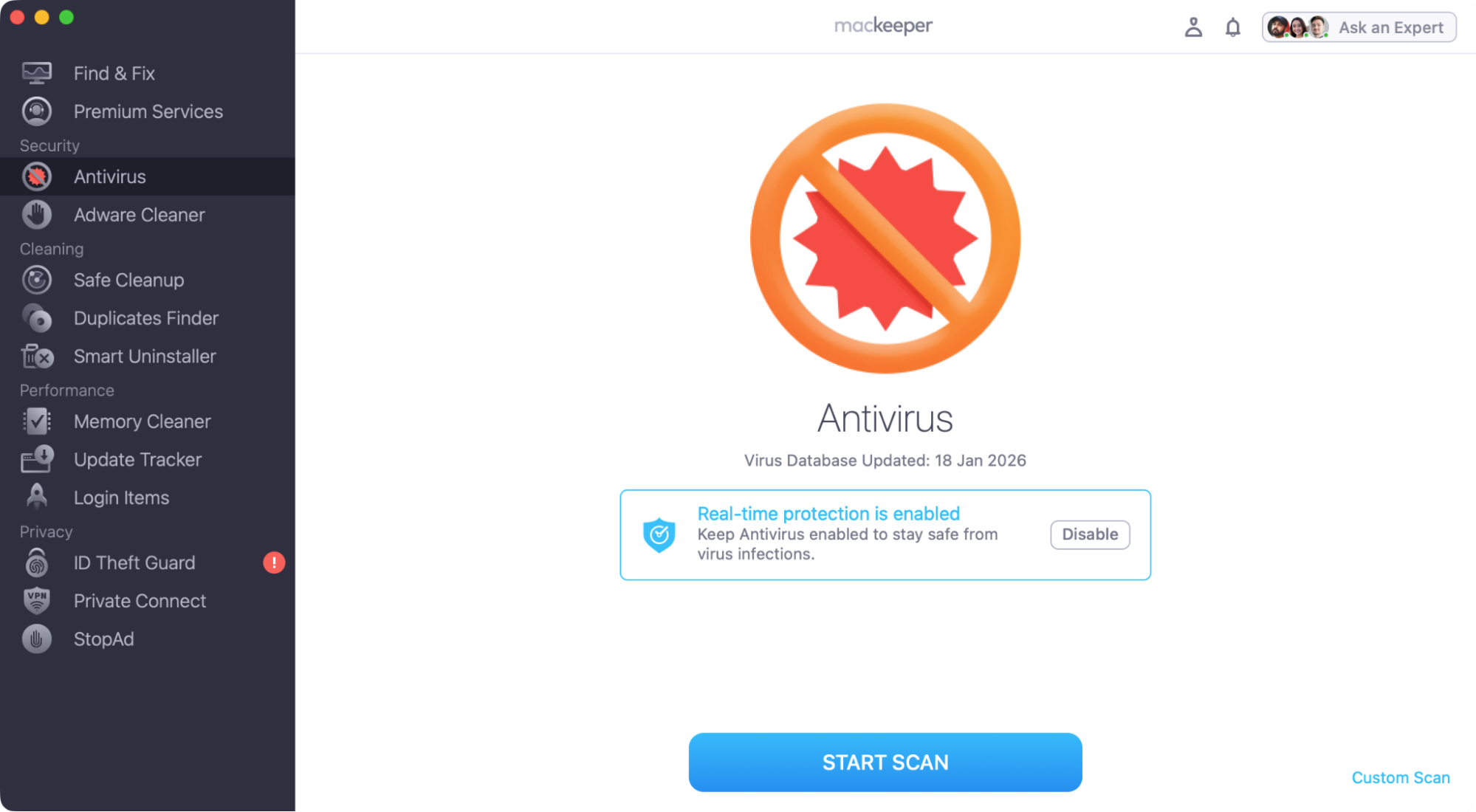 Malware can cause your Mac to malfunction, including stopping your spacebar and other keys from working. You can check for malware with MacKeeper's Antivirus feature. Open it and click 'Start Scan'.