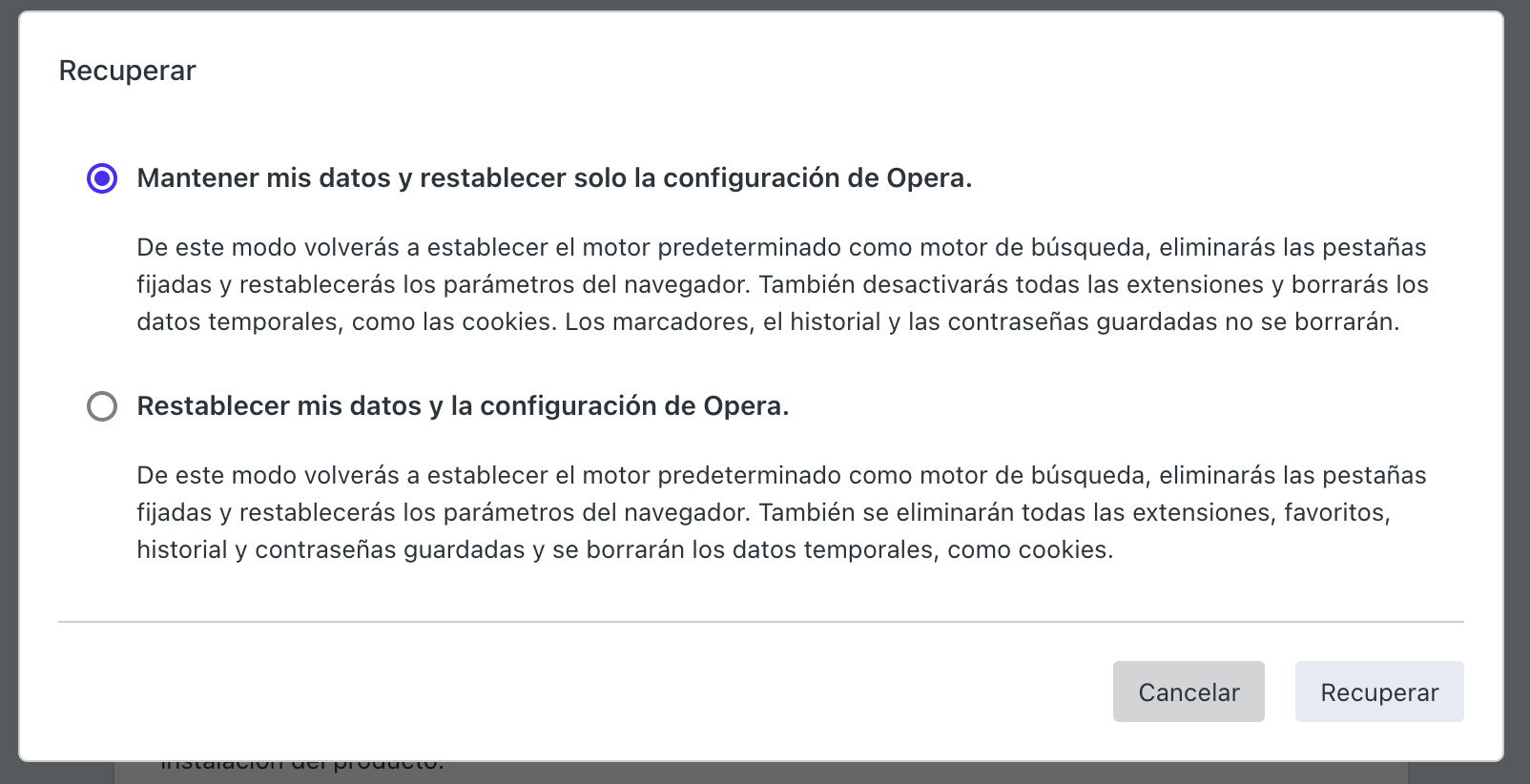 Un cuadro de diálogo en Opera en Mac, con dos opciones disponibles para restablecer Opera. Cómo restablecer Opera, un paso en una guía sobre cómo eliminar las ventanas emergentes falsas de McAfee en Mac.