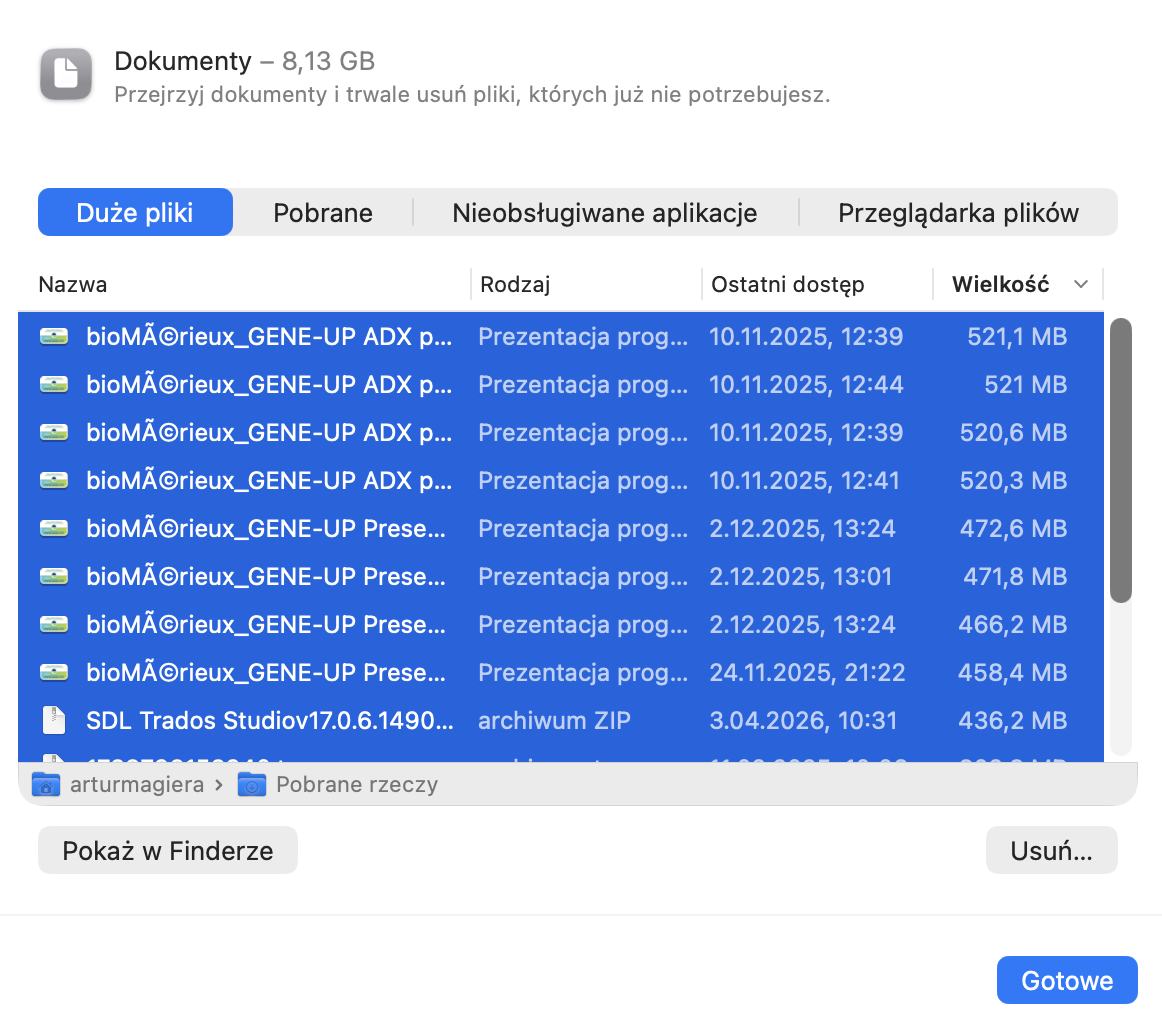 Kliknij przycisk informacji obok Dokumenty w ustawieniach pamięci, aby zobaczyć duże pliki