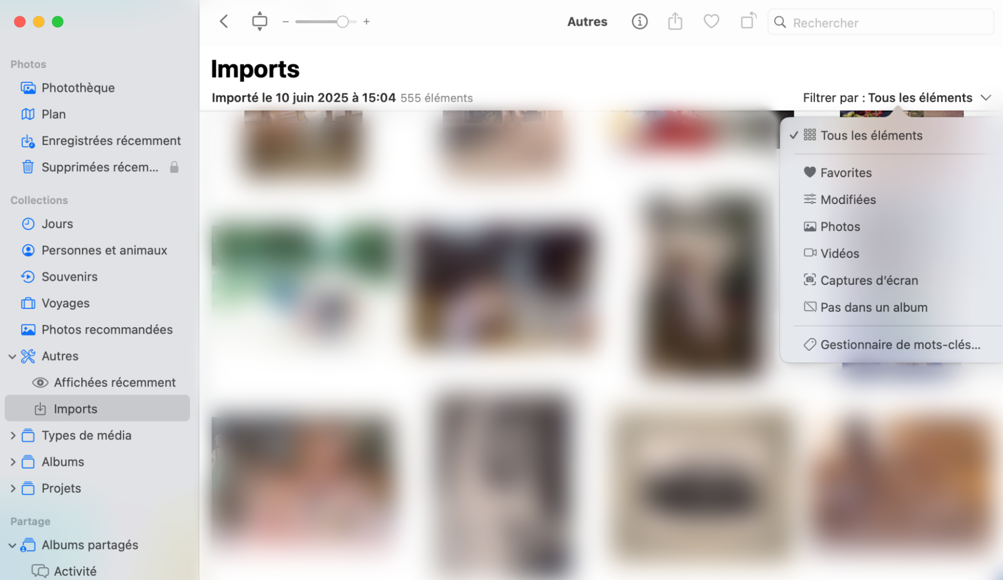 Vous pouvez trier vos photos comme il vous plaît. Pour ce faire, cliquez sur Filtrer par : Tous les éléments dans le coin supérieur droit de la fenêtre Imports, et choisissez le filtre Favorites, Modifiées, Photos ou Vidéos.