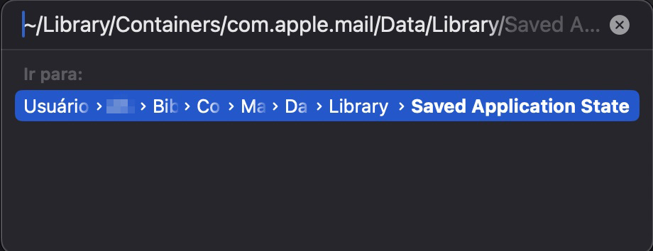 Se isso não funcionou para redefinir as preferências do Mail, volte ao Ir para a Pasta pelo Finder e insira o caminho ~/Library/Containers/com.apple.mail/Data/Library/Saved Application State