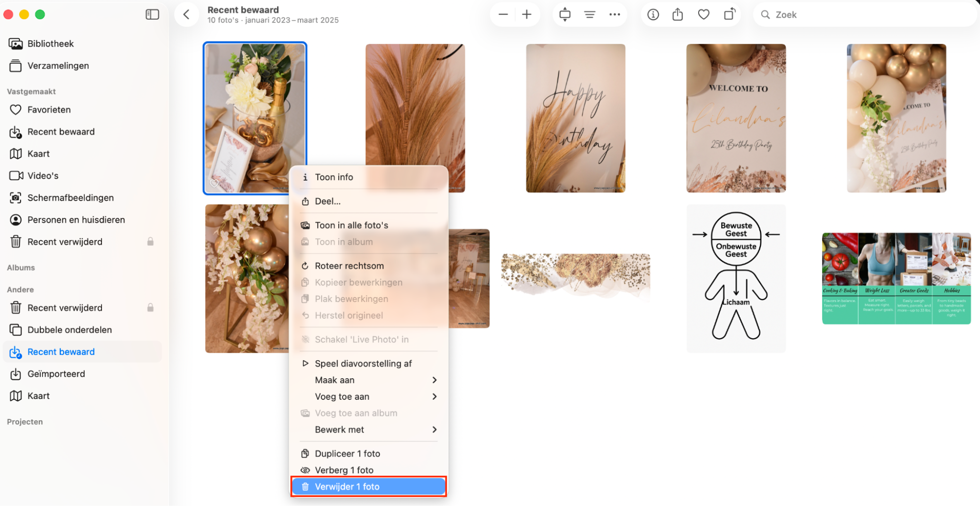 Een contextueel menu dat verschijnt nadat je met de rechtermuisknop op een item hebt geklikt in de Foto’s-app op de Mac. Je kunt de optie ‘Verwijder’ gebruiken om oude foto’s en video’s te verwijderen die je niet meer wilt, zodat je ruimte vrijmaakt op je Mac.