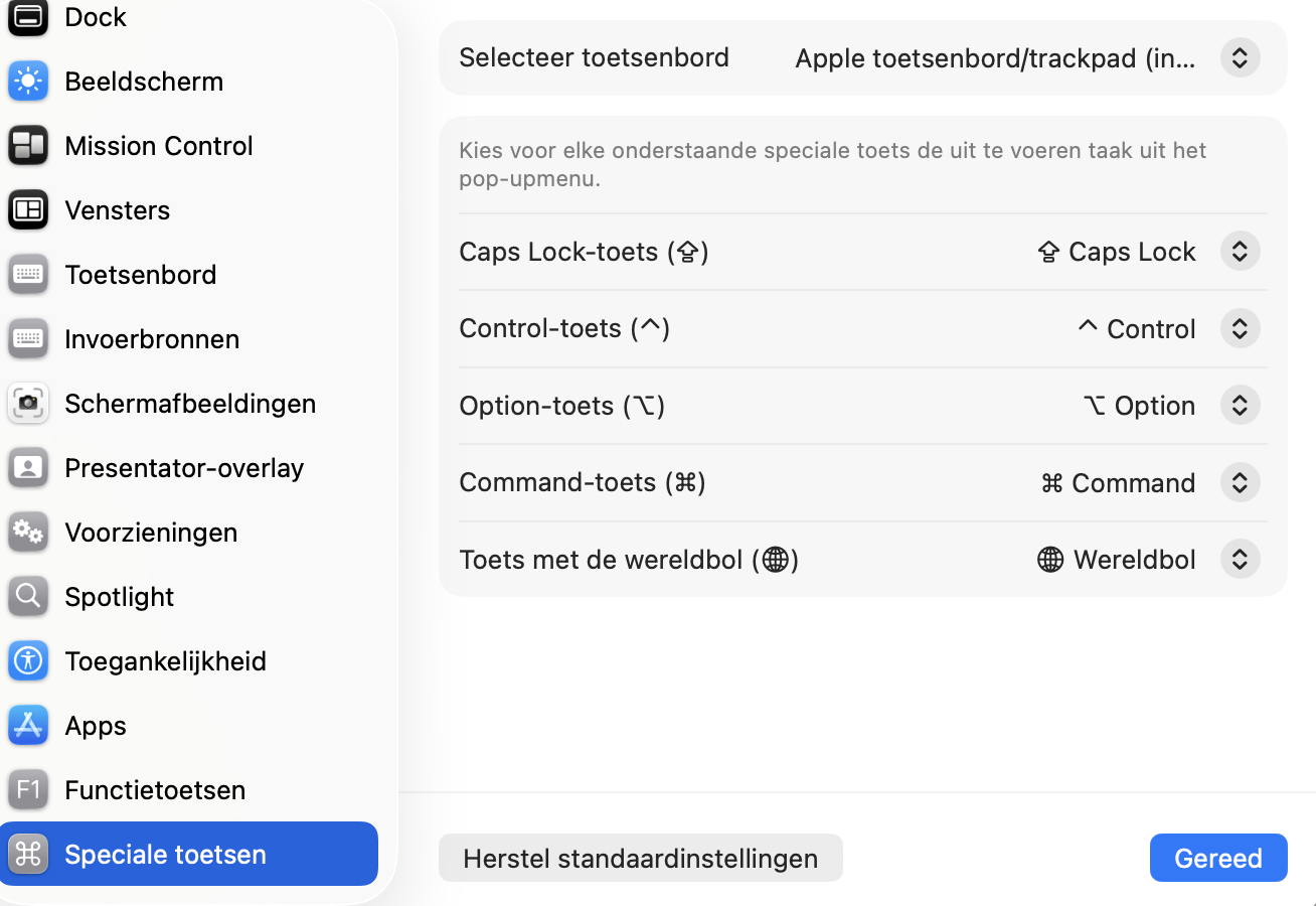 Onder  Functietoetsen kun je instellen wat de Command-toetsen doen op je Mac. Zorg ervoor dat deze zijn ingesteld op de Command-functie, zoals het hoort.
